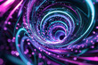 Enigmatic neon galaxy of swirling purple and teal lights. Mesmerizing dance on black background.