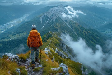 Against a canvas of mist-wrapped peaks, a hiker gazes over the vast mountainous expanse