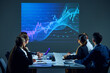 © master1305 - Office employees gather in boardroom, analyzing digital stock chart projected on screen during business meeting. Stock market investment trading graph. Business, trade market, economics, finances