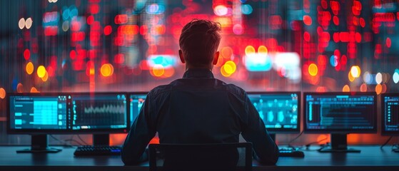 Poster - Rear view of a man overseeing complex data analysis in a futuristic command center-like environment