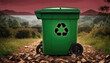 A garbage bin stands amidst the forest backdrop, with the Latvia flag waving above. Embracing eco-friendly practices, promoting waste recycling, and preserving nature's sanctity.
