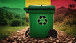 A garbage bin stands amidst the forest backdrop, with the Mali flag waving above. Embracing eco-friendly practices, promoting waste recycling, and preserving nature's sanctity.