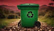 A garbage bin stands amidst the forest backdrop, with the Morocco flag waving above. Embracing eco-friendly practices, promoting waste recycling, and preserving nature's sanctity.
