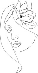 Wall Mural - Minimalist linear logo of a woman's face. Linear drawing of a woman's face with flowers. Natural organic cosmetics. Manual work without artificial intelligence