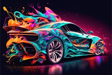 Wall Mural - Abstract sport car with colorful splashes on black background. Vector illustration