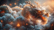 Design For Chinese New Year 2020 Card Background With Golden Dragon, Firework, Lantern, Coin, Pattern. Elegant Oriental Illustration For Cover, Banner, Website, Calendar.
