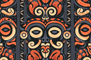 Wall Mural - Surfing tiki mask hawaii wooden tiki mask for trendy bar. Traditional ethnic idol and hawaiian surf, maori or polynesian. Design old tribal totem. Seamless pattern