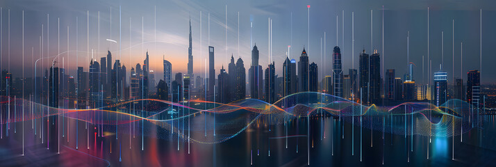 Poster - Smart city and abstract dot point connect with gradient line and aesthetic Intricate wave line design , big data connection technology concept .