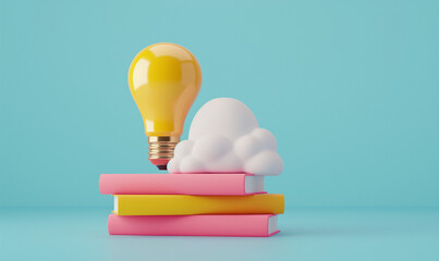 Wall Mural - 3D render of yellow light bulb on top colorful books and white cloud icon isolated on pastel blue background. Concept idea for education or knowledge.