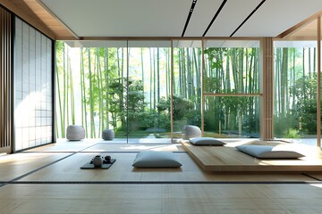 Wall Mural - Modern Minimalism Japanese interior Clean lines contemporary space. Sleek tatami mats seamlessly integrate with expansive windows, surrounding bamboo grove. natural harmonious haven of tranquility.