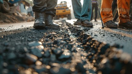 Closeup view of people working on the construction or repair the road, trying to fix the problem