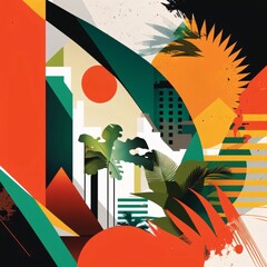 Wall Mural - Abstract geometric background with palm trees and geometric shapes. Vector illustration.