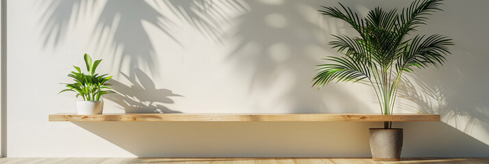 Wall Mural - empty wooden shelf on white wall with sun rays and plant shadow, simple product presentation mockup background Empty minimal natural wooden table counter podium,