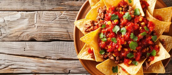 Wall Mural - Nachos made with Mexican corn tortilla chips topped with seasoned meat and spicy red salsa, pictured on a wooden background with copy space.