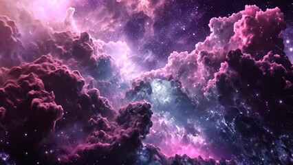 an video of a vibrant space scene with stars and clouds filling the night sky, neon colored interste