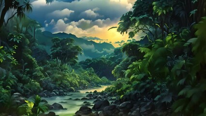 Canvas Print - A detailed painting showcasing a river majestically flowing through a dense forest, surrounded by vibrant foliage and towering trees, Nightfall over a river running through a rainforest