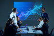 © master1305 - Employees meeting boardroom to discuss investment opportunities while reviewing a digital stock chart projected on a screen. Concept of business, entrepreneurship, trade market, economics, finances