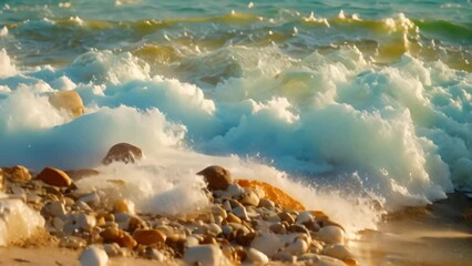 Wall Mural - A collection of rocks, ranging in size and color, neatly stacked on the sandy beach, Ocean shore with rolling waves and pebbles