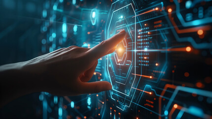 Poster - A hand is pointing at a computer screen with a blue background. Concept of technology and innovation, as the hand is interacting with the digital display. The blue and red color scheme adds to the fun