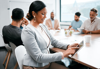 Poster - Smile, tablet and secretary woman in boardroom of office to record minutes of meeting for planning. Research, strategy and tech with happy business woman in workplace for collaboration or discussion