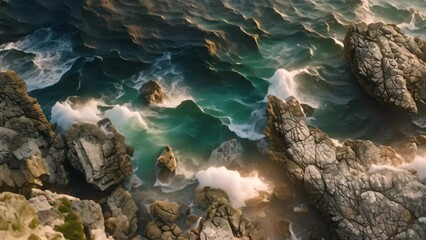 Wall Mural - Aerial View of the Ocean and Rocky Coastline, Panoramic aerial view of a rocky coastline meeting the sea
