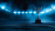 champion's trophy on a stadium field under spotlight glow. Copy space. Generative AI
