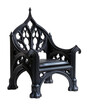 Neo-Gothic style black armchair with pointed arch backrest isolated on transparent background. Architectural furniture design and dramatic home accent concept.