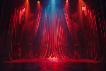 The stage curtain is illuminated by a spotlight. Realistic theater red dramatic curtains, spotlight on stage, classic theater drapery. generative ai