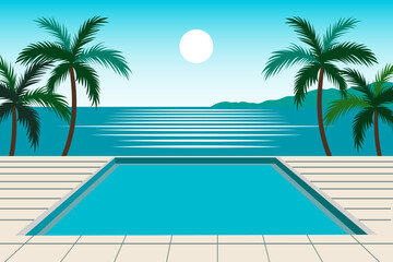 Wall Mural - Beach pool. Swimming pool against the backdrop of a paradise beach with tropical palm trees against the backdrop of the ocean, mountains and sun. Sea holiday vector illustration for poster or design.