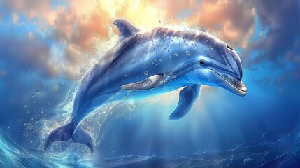 A dolphins fin breaks the azure water in an electric blue event