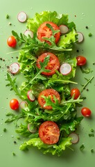 Wall Mural - Vibrant salad ingredients  arugula, lettuce, radish, tomato on green background, fresh and healthy