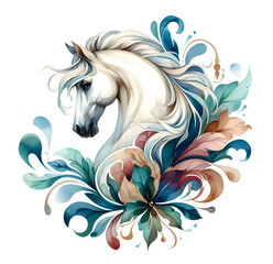 Horse. A white horse in flowers. Horse head. Mare. Portrait. Watercolor. Isolated illustration on a white background. Banner. Close-up