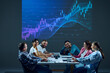 © master1305 - Business executives gather in a conference room, studying a digital stock chart projected on a screen during a meeting. Concept of business, entrepreneurship, trade market, economics, finances