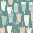 Seamless pattern with hand drawn smoothies. Vector illustration.