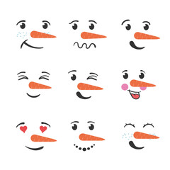 Wall Mural - Set of funny snowman faces isolated on a white background. Cartoon funny doodle snowman head face with different emotions. Winter holidays, Christmas and New Year. Vector illustration