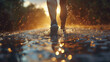Low section of man running in water puddle during rainy season, Rear view of a man's feet before running, generative ai