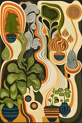 Wall Mural - Vector abstract background with plants in pots. Hand-drawn illustration.