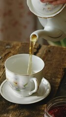 Wall Mural - Vertical video. Pouring tea from teapot into porcelain cup. 