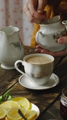 Wall Mural - Vertical video. Woman drinking tea with milk and sugar.