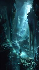 Wall Mural - Diver Exploring Dramatic Underwater Cave System with Stalactites and Mysterious Creatures