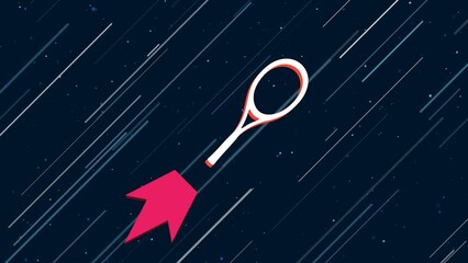 Poster - Tennis racket symbol flies through the universe on a jet propulsion. The symbol in the center is shaking due to high speed. Seamless looped 4k animation on dark blue background with stars