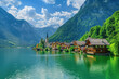 beautiful mountain lake with green water and traditional wooden houses, blue sky and white clouds