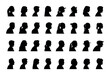 People face profiles side view black silhouette set collection. Men and women side face avatar portrait different age black silhouette.	