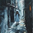 A horror anime girl with haunting, glowing eyes emerging from a dark alleyway
