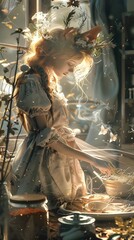  Ethereal Enchantress in Radiant Celestial Dress Amid Shimmering Flowers and Luminous Light