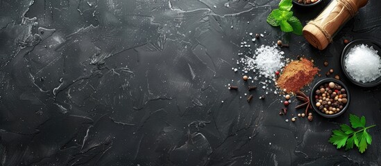 Wall Mural - Top view of black chalkboard and spices on a dark surface