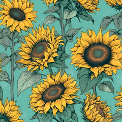 Wall Mural - Seamless pattern with sunflowers on a blue background.