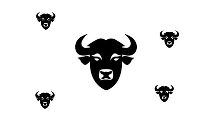 Poster - Zoom in and out animation the buffalo head symbol. Large black symbol in the center and four small symbols around. Seamless looped 4k animation on white background