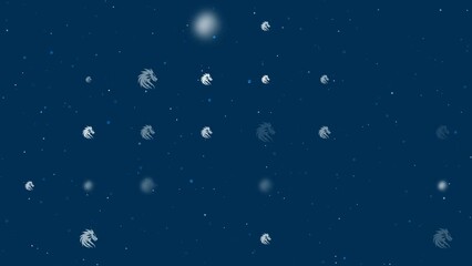 Poster - Template animation of evenly spaced dragon's head symbols of different sizes and opacity. Animation of transparency and size. Seamless looped 4k animation on dark blue background with stars