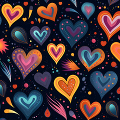 Wall Mural - Seamless pattern with colorful hearts on dark background. Vector illustration.